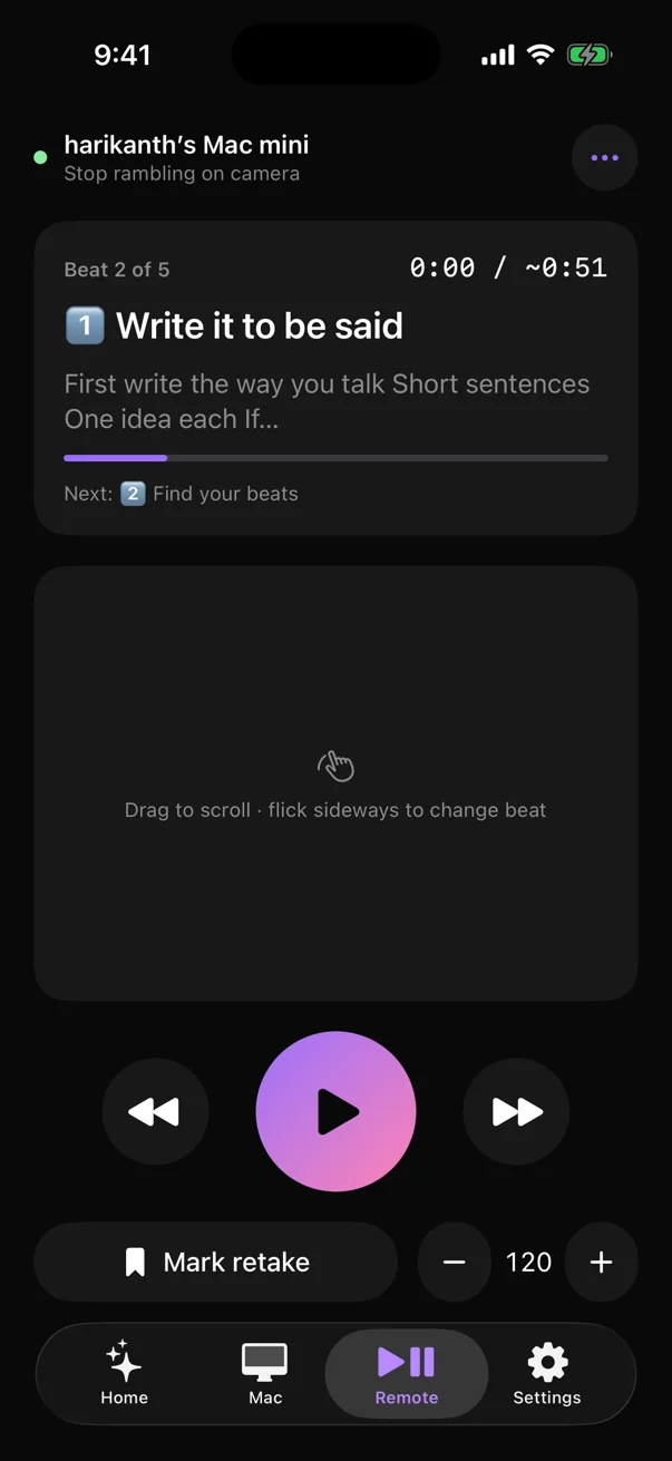 The ezprompter Remote iPhone app, connected to a Mac and showing the current beat