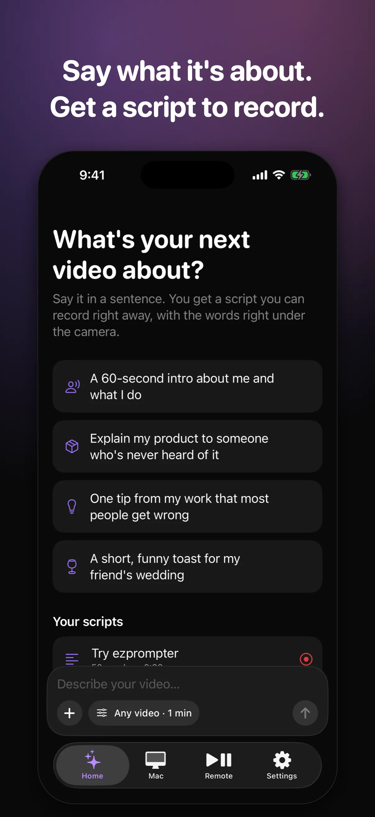 ezprompter on iPhone: say what it's about and get a script to record