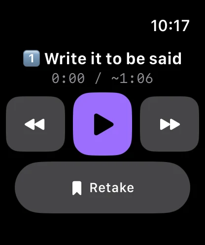 The ezprompter Apple Watch app with play, previous and next beat, and Retake buttons